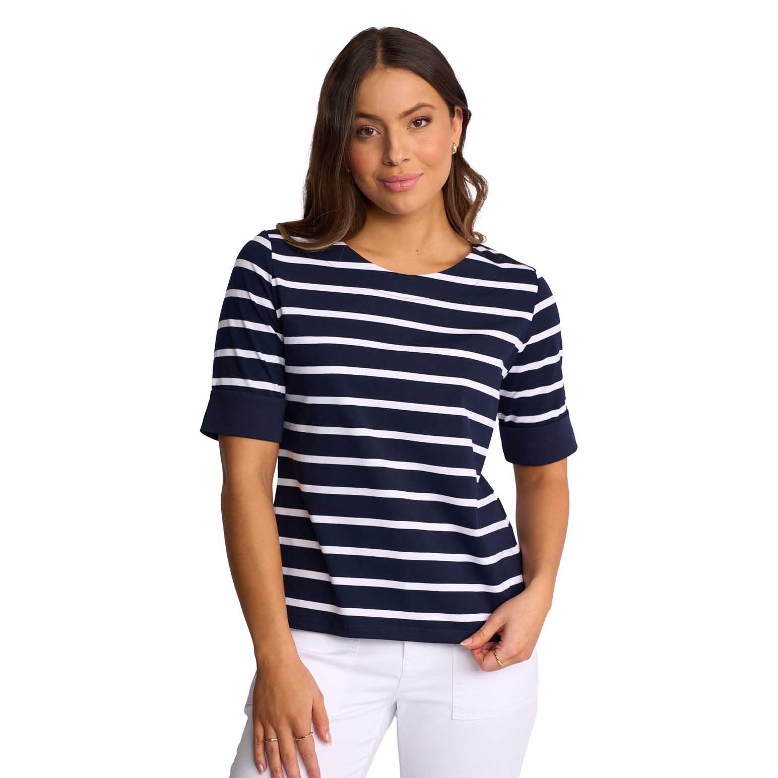Vassalli Elbow Length Sleeve Round Neck Knit Top with Cuff